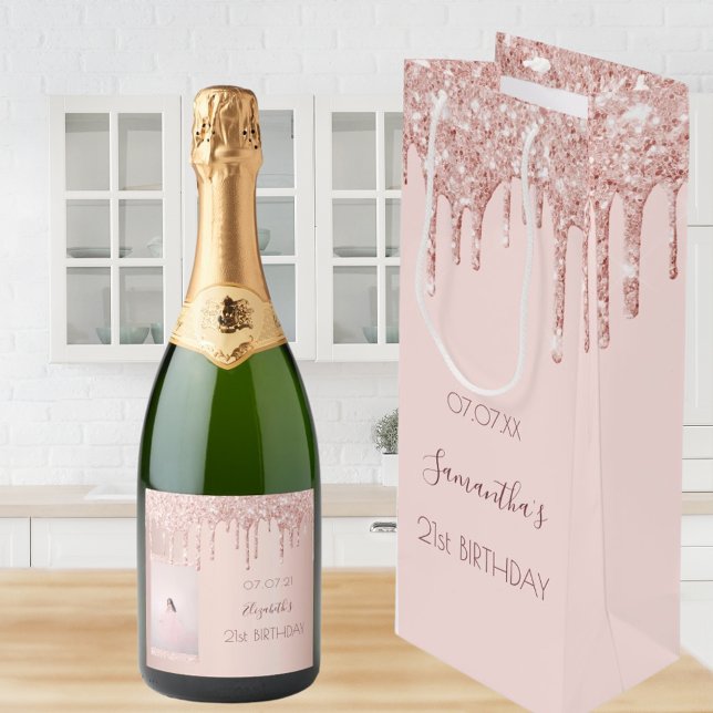 Sacola Para Vinho aniversário de 21 anos rosa dourado glitter nome d (Criador carregado)