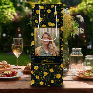Sacola Para Vinho Aniversário do Flor Amarelo do Copo Amarelo Elegan
