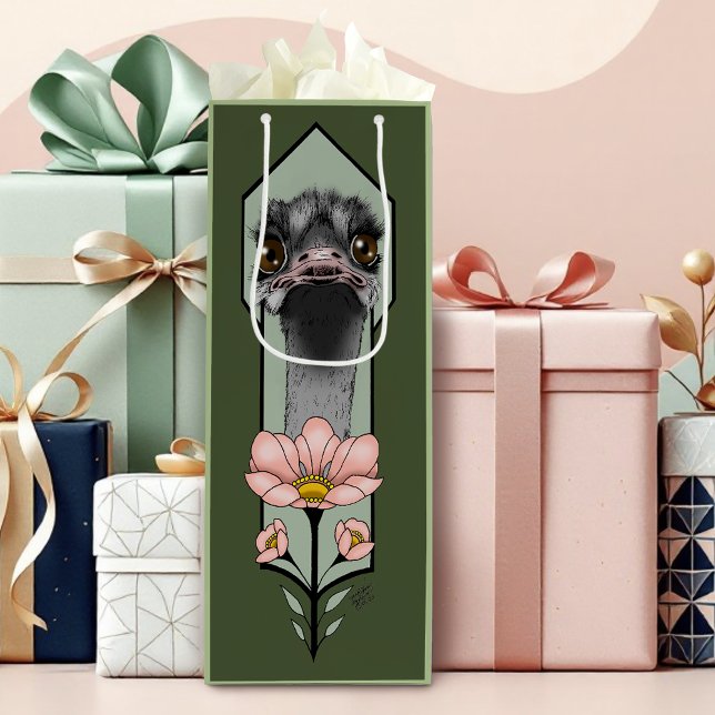 Sacola Para Vinho Art Deco Ostrich Flores Verde (Criador carregado)