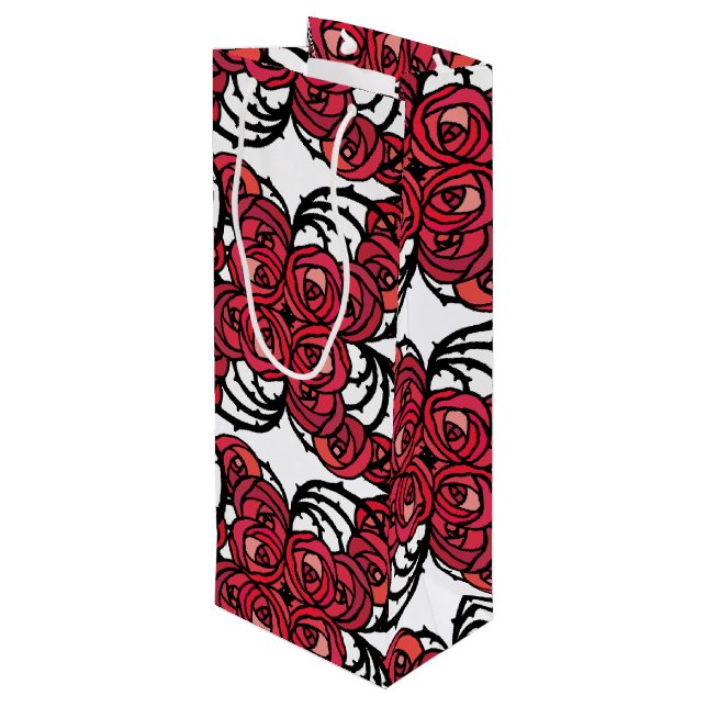 Sacola Para Vinho Art Nouveau Floral, vermelho e rosa preto, design (Verso inclinado)