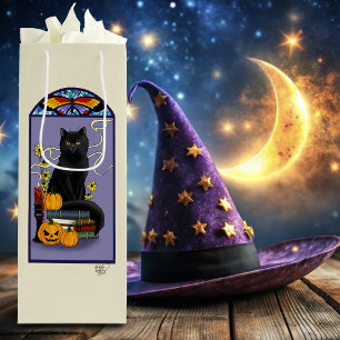 Sacola Para Vinho Art Nouveau Gato Preto Abóbora Roxo Outono Amarelo