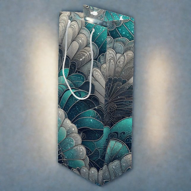 Sacola Para Vinho Art Nouveau Ventiladores Azuis e Prateados (Criador carregado)