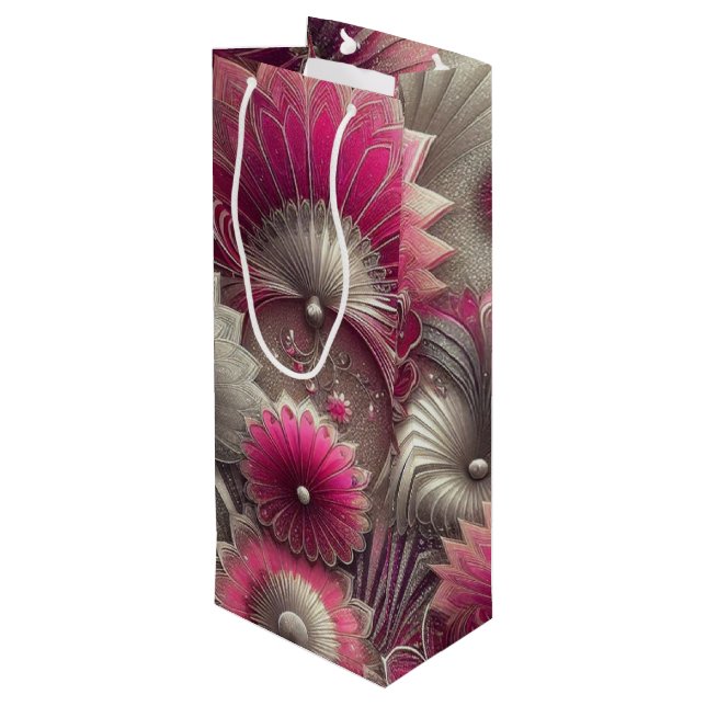Sacola Para Vinho Art Nouveau Ventiladores rosa e prateados (Verso inclinado)