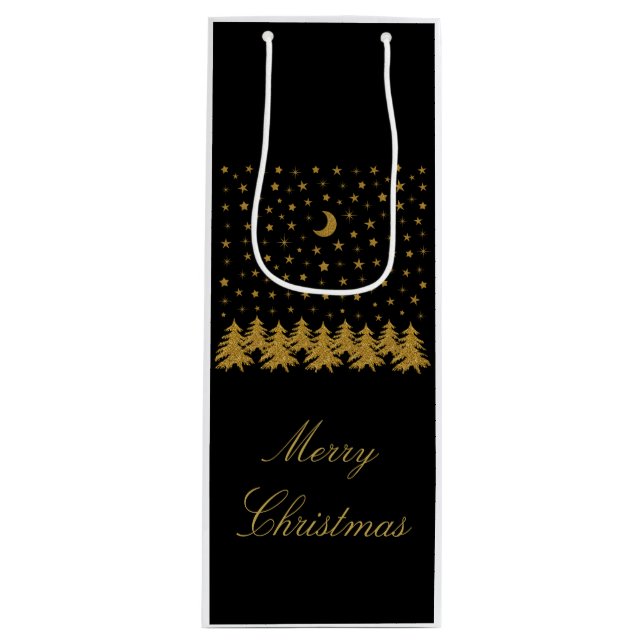 Sacola Para Vinho Árvore de Natal de ouro faísca, lua, estrelas em p (Frente)