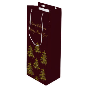 Sacola Para Vinho Árvore de Natal dourada brilhante no Natal vermelh
