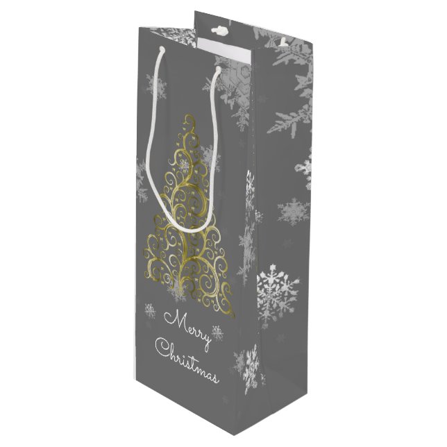 Sacola Para Vinho Árvore de Natal Dourada e Snowflakes - Bolsa de Pr (Frente inclinada)