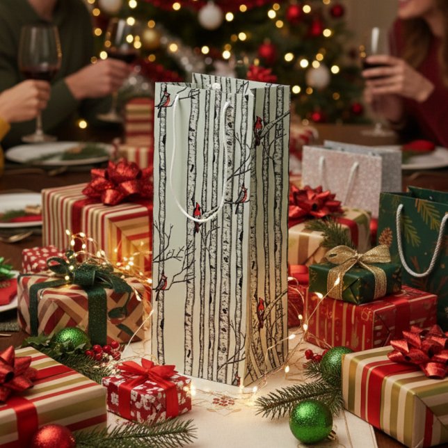 Sacola Para Vinho Árvores de Aves Modernas e Aves Cardinais Vermelha (Festive Merry Christmas Rustic Birch Trees & Red Cardinal Birds Winter Wine Gift Bag in Sage.)