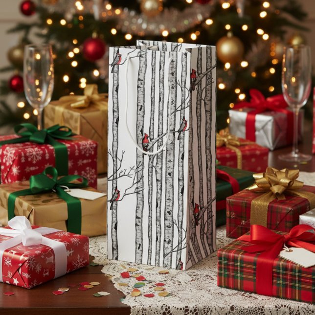 Sacola Para Vinho Árvores de Aves Modernas e Aves Cardinais Vermelha (Festive Merry Christmas Rustic Birch Trees & Red Cardinal Birds Winter Wine Gift Bag in White.)