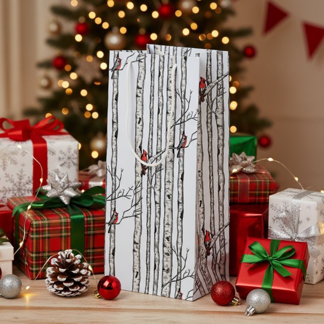 Sacola Para Vinho Árvores de Aves Modernas e Aves Cardinais Vermelha (Festive Merry Christmas Rustic Birch Trees & Red Cardinal Birds Winter Wine Gift Bag in Light Blue)