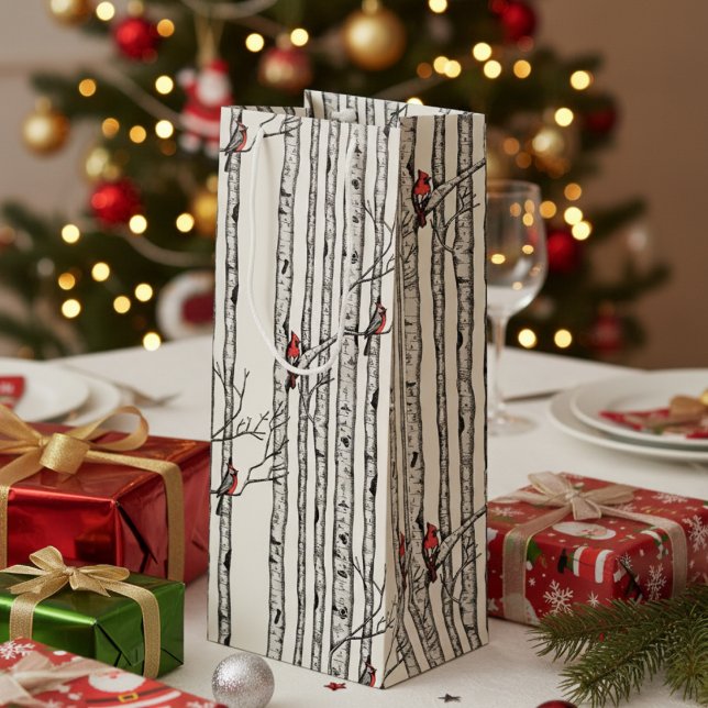 Sacola Para Vinho Árvores de Aves Modernas e Aves Cardinais Vermelha (Festive Merry Christmas Rustic Birch Trees & Red Cardinal Birds Winter Elegant Ivory Wine Gift Bag )