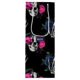Sacola Para Vinho Azul Marinho e Caveiras Florais Rosa Casamento Gót