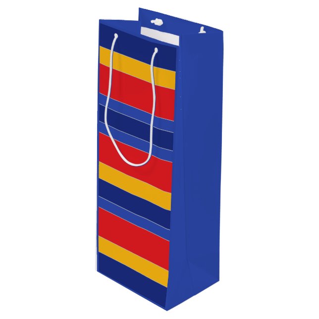Sacola Para Vinho Bandas Coloridas Elegantes, Amarelo Azul Vermelho  (Frente inclinada)