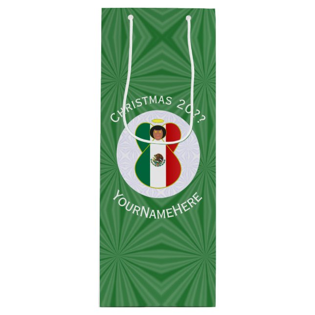 Sacola Para Vinho Bandeira de Natal do Anjo Mexicano Personalizada (Frente)