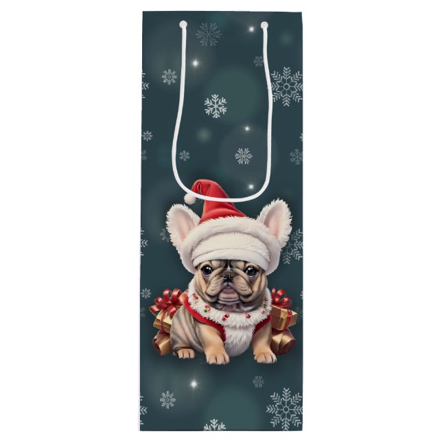 Sacola Para Vinho Belo Bulldog Francês Santa Hat Feliz Natal (Frente)