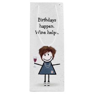 Sacola Para Vinho Bloco de Aniversário Figura Garota com Vidro Verme