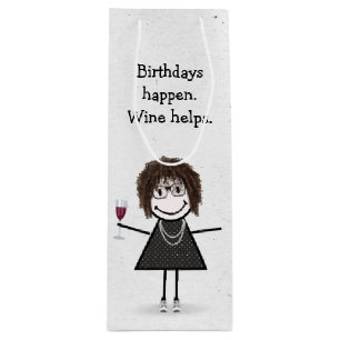 Sacola Para Vinho Bloco de Aniversário Figura Garota com Vidro Verme