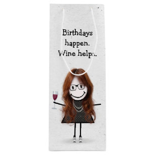 Sacola Para Vinho Bloco de Aniversário Figura Garota com Vidro Verme