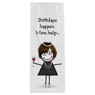 Sacola Para Vinho Bloco de Aniversário Figura Garota com Vidro Verme