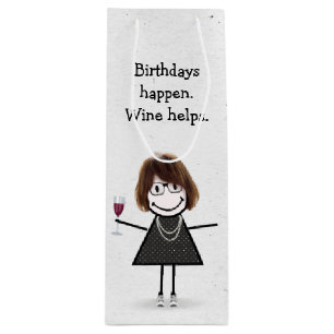 Sacola Para Vinho Bloco de Aniversário Figura Garota com Vidro Verme