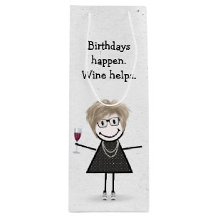 Sacola Para Vinho Bloco de Aniversário Figura Garota com Vidro Verme
