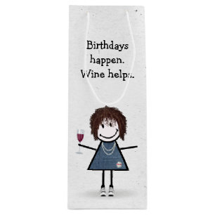 Sacola Para Vinho Bloco de Aniversário Figura Garota com Vidro Verme