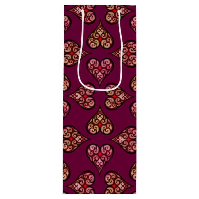 Sacola Para Vinho Boho Damask Heart Pattern Elegante Feminina Chic (Frente)