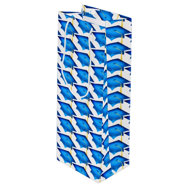 Sacola Para Vinho bonés de formatura azuis com fita de ouro (Frente inclinada)