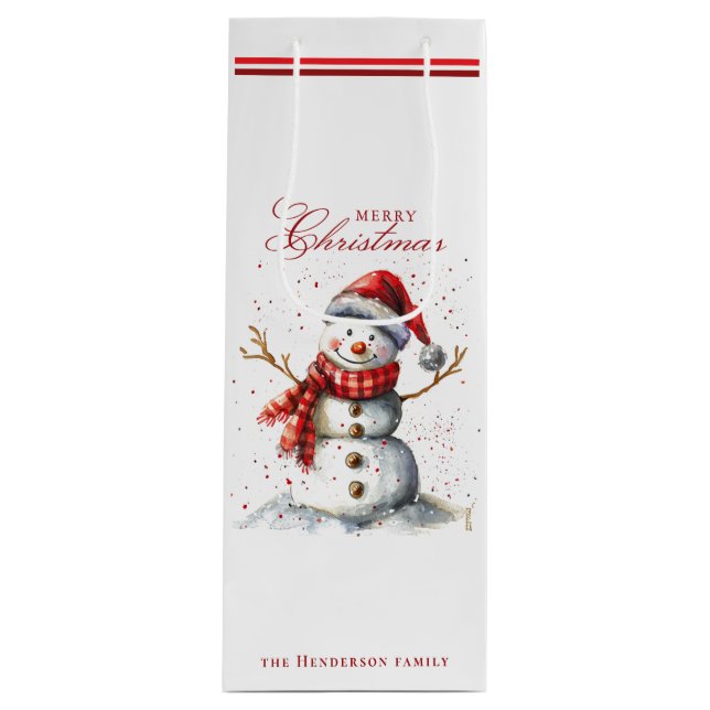 Sacola Para Vinho Bonito Snowman e nome personalizado de inverno (Frente)