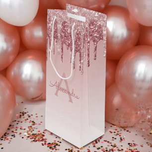 Sacola Para Vinho Brilho Dourado do rosa do rosa & monograma da