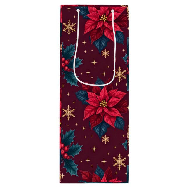 Sacola Para Vinho Burgundy Poinsettia & Gold Snowflake Dark Feminine (Frente)