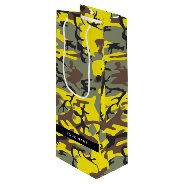 Sacola Para Vinho Camuflagem amarela e castanha Seu nome Personaliza (Frente inclinada)
