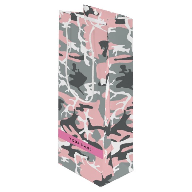 Sacola Para Vinho Camuflagem rosa e Cinza Seu nome Personaliza (Frente inclinada)