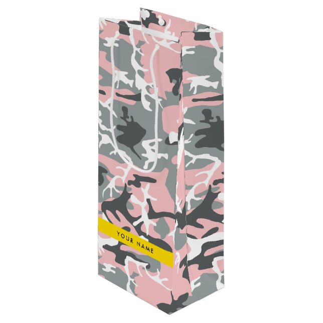 Sacola Para Vinho Camuflagem rosa e Cinza Seu nome Personaliza (Frente inclinada)