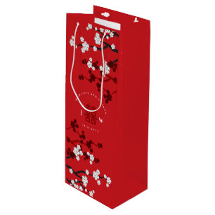 Sacola Para Vinho Cereja Blossoms e Felicidade Dupla Casamento Chinê
