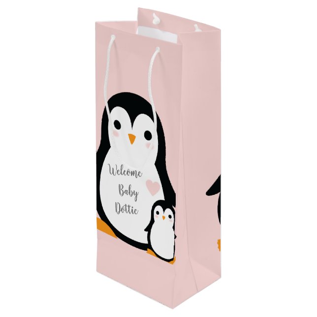 Sacola Para Vinho Chá de fraldas Pinguim Rosa (Verso inclinado)