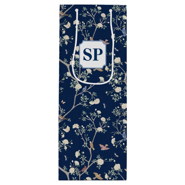 Sacola Para Vinho Chinoiserie Camellia Marinho Azul (Frente)