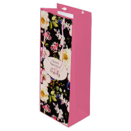 Sacola Para Vinho Cor da Água Rosa e Rosas Amarelas em Preto, Aniver