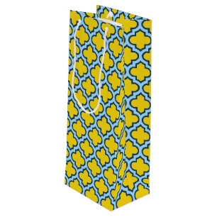 Sacola Para Vinho Corante amarelo e azul-bebê, latido, quatrefoil