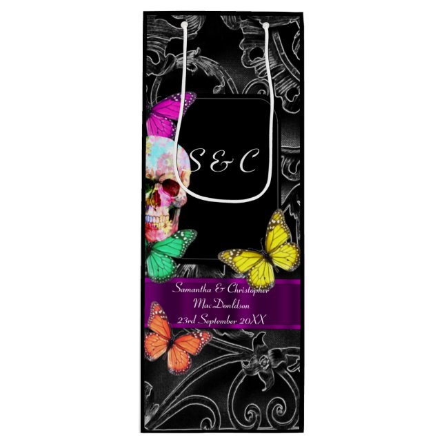 Sacola Para Vinho Crânio gótico e casamento personalizado negro (Frente)