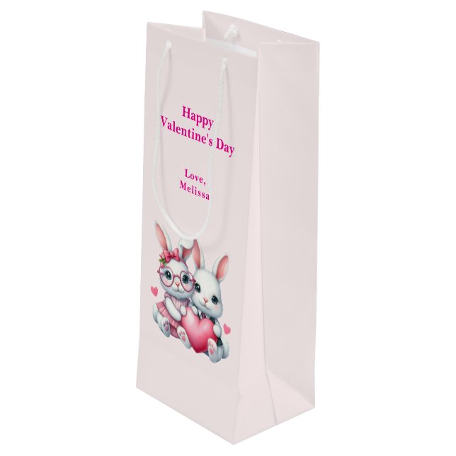 Sacola Para Vinho Cute Bunnies Sharing a Heart Valentine's Day (Verso inclinado)