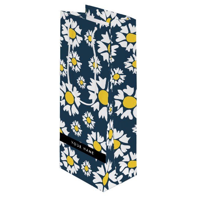 Sacola Para Vinho Daisy Pattern, White Daisies, Seu Nome (Frente inclinada)