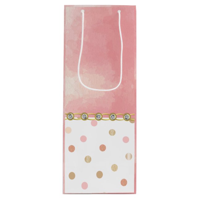 Sacola Para Vinho Dourado, Rosa, Polkadot, Pastel, Girly, Sweet, Chi (Frente)