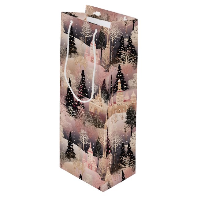 Sacola Para Vinho Elegant Pink and Black Christmas Village (Frente inclinada)