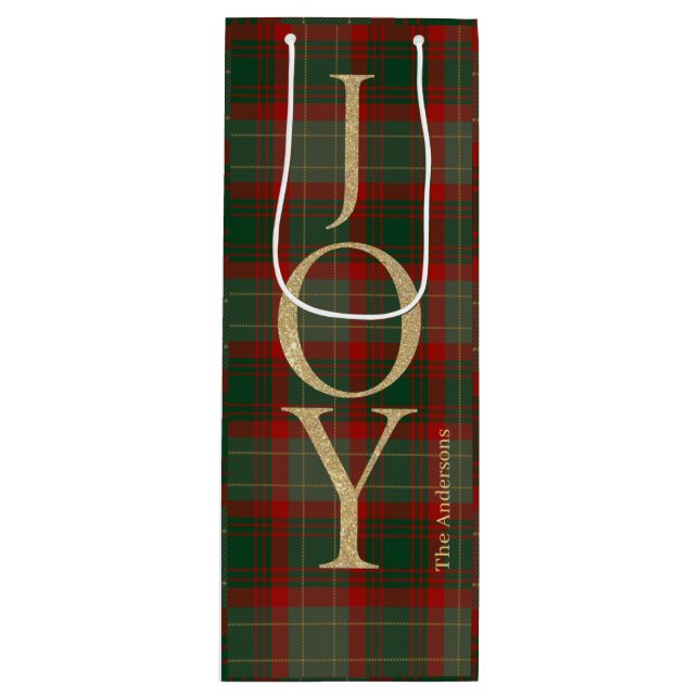 Sacola Para Vinho Elegante Joyful Christmas script tartan red (Frente)