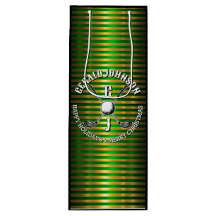 Sacola Para Vinho Elegante Monograma de Golfe Verde-Dourado Metálico
