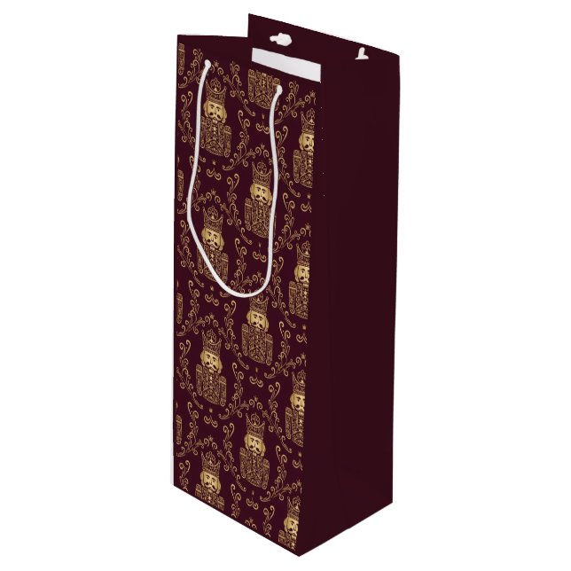 Sacola Para Vinho Elegante Noz Nutcracker Natal Damask (Frente inclinada)