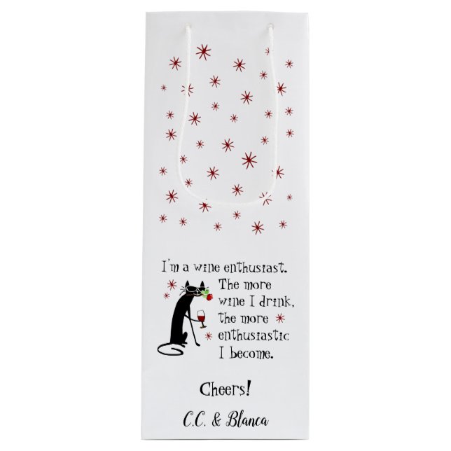 Sacola Para Vinho Entusiasta do Vinho - Citação Entusiasta com Gato (Frente)