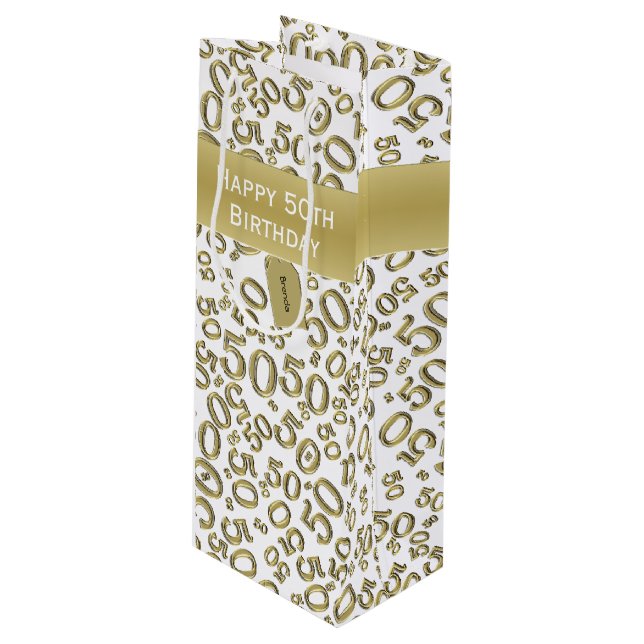 Sacola Para Vinho Feliz 50º Aniversário Padrão Dourado/Branco (Frente inclinada)