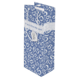 Sacola Para Vinho Feliz 65º aniversário Número Padrão Azul e Branco