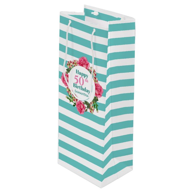 Sacola Para Vinho Feliz Aniversário Rosa Rosa Rosa Vermelha Tripa (Frente inclinada)